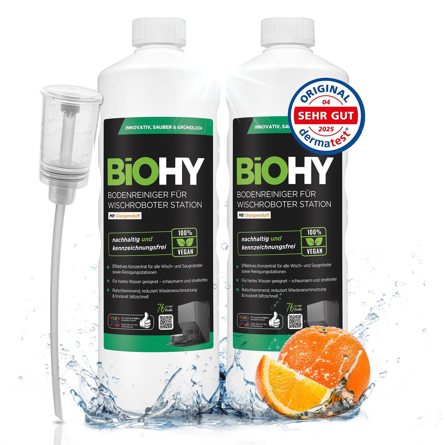 BiOHY Limpiador de suelos para todos los robots con aroma a naranja (500 ml) | Detergente concentrado para todos los robots limpiadores y aspiradores con función húmeda | Sin espuma y sin rayas | Para