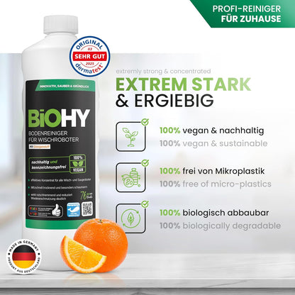 BiOHY Limpiador de suelos para todos los robots con aroma a naranja (500 ml) | Detergente concentrado para todos los robots limpiadores y aspiradores con función húmeda | Sin espuma y sin rayas | Para