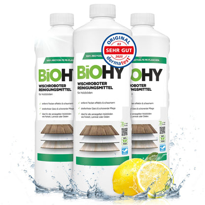 BiOHY Detergente robot de limpieza (1 botella de 1 litro) | Limpiador para los suelos de madera | parquet y laminado | Concentrado con fragancia fresca brillo sin rayas| vegano (Wischroboter Holz)