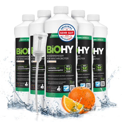 BiOHY Limpiador de suelos para todos los robots con aroma a naranja (500 ml) | Detergente concentrado para todos los robots limpiadores y aspiradores con función húmeda | Sin espuma y sin rayas | Para