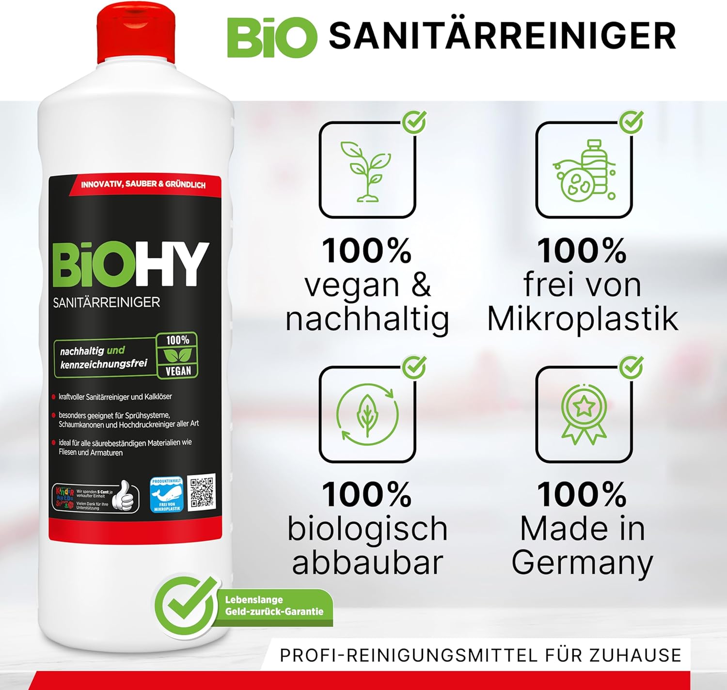 BiOHY Limpiador sanitario (1 botella de 500ml) | Concentrado de cal para el área sanitaria | Deja un agradable y fresco aroma | EXTRA FUERTE (Sanitärreiniger)