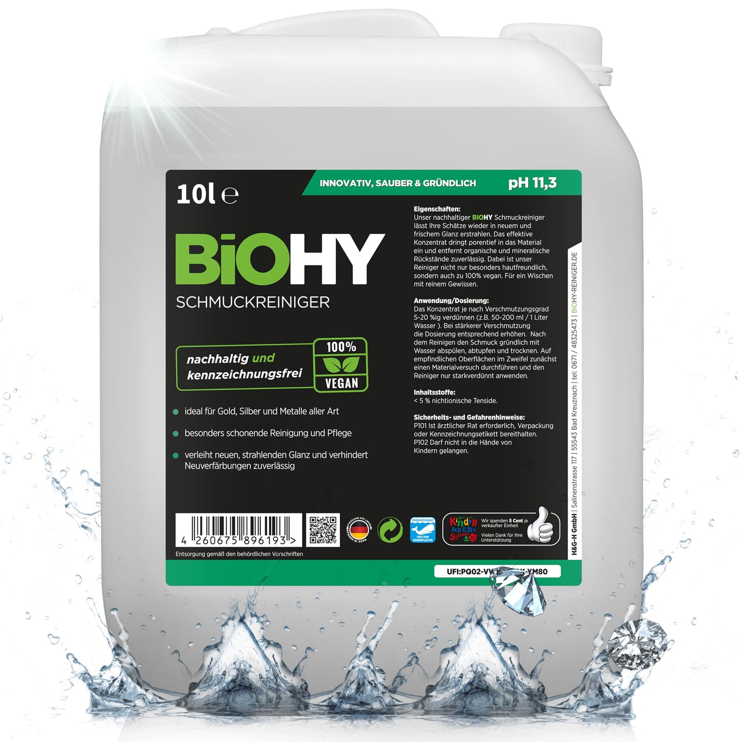 BiOHY Limpiador de joyas (1 botella de 1 litro) | Fórmula de brillo activo |Limpieza sostenible y suave para relojes, gafas, joyas y metales preciosos (Schmuckreiniger)