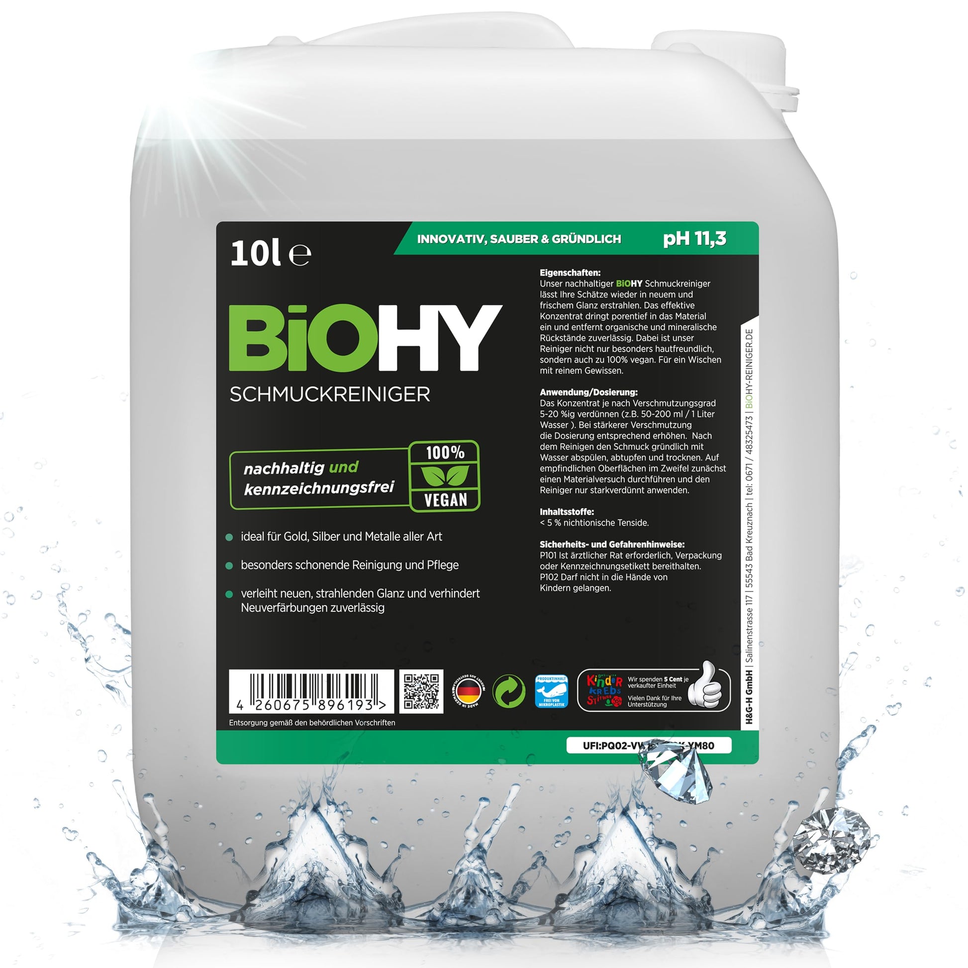 BiOHY Limpiador de joyas (1 botella de 1 litro) | Fórmula de brillo activo |Limpieza sostenible y suave para relojes, gafas, joyas y metales preciosos (Schmuckreiniger)