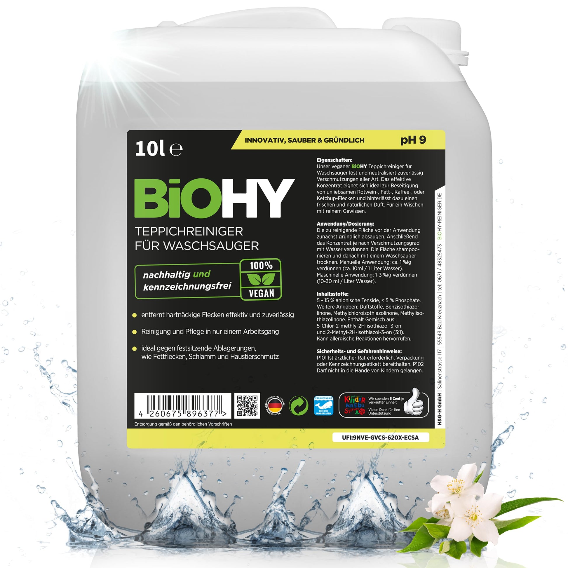 BiOHY Limpiador de alfombra para aspiradoras en húmedo (1 botella de 1 litro) | adecuado para todas las aspiradoras | elimina sin esfuerzo todas las manchas (Waschsauger)