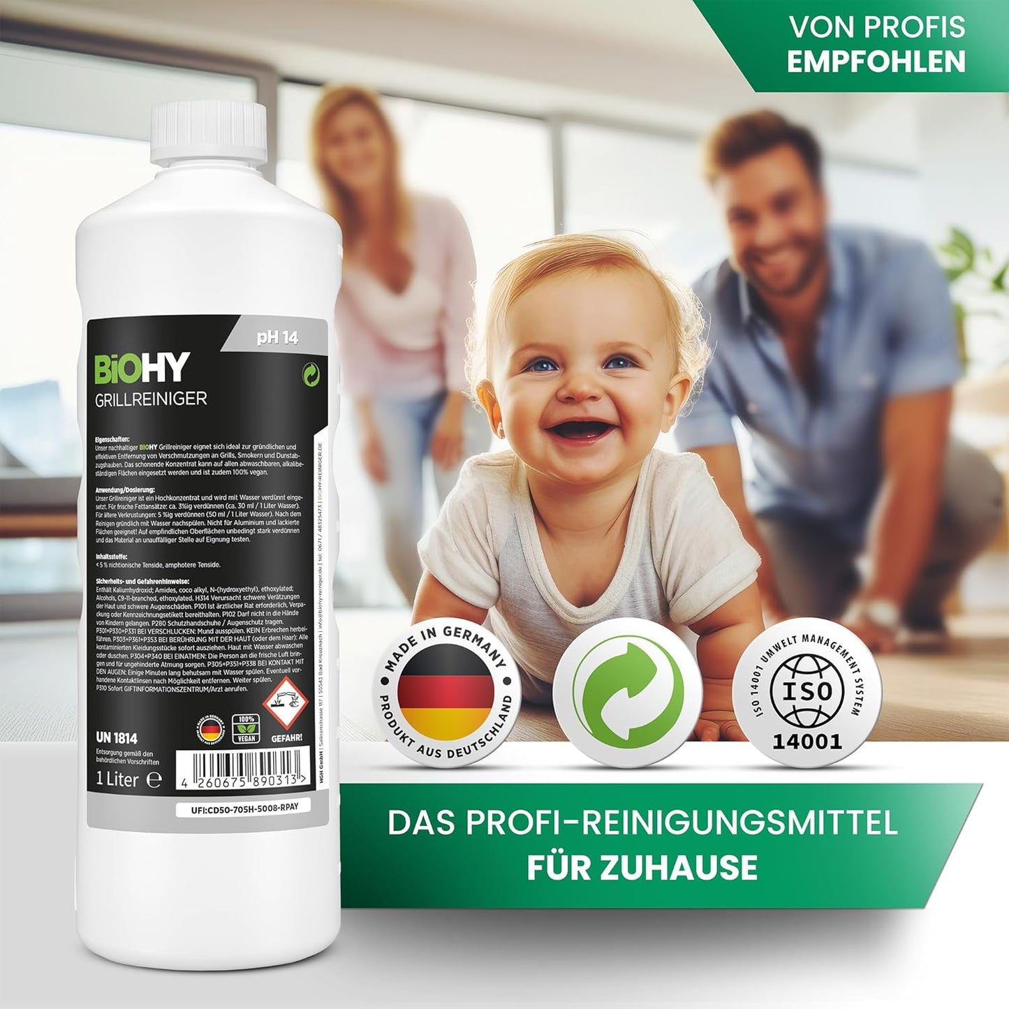 BiOHY Limpiador de parrillas (2 botellas de 1 litro) | limpiador para barbacoa de carbón vegetal, gas y eléctrica | espuma activa contra la grasa quemada y el aceite (Grillreiniger)
