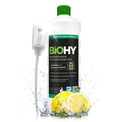 BiOHY Limpiador de suelos para todos los robots con aroma a naranja (500 ml) | Detergente concentrado para todos los robots limpiadores y aspiradores con función húmeda | Sin espuma y sin rayas | Para