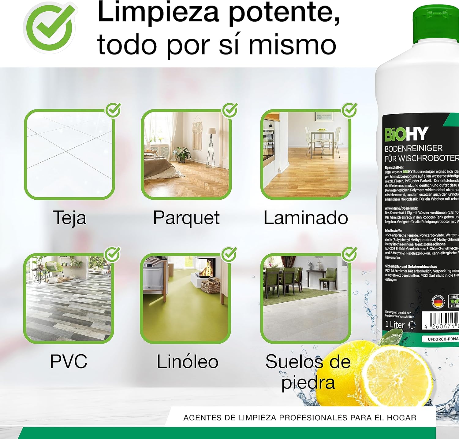 BiOHY Limpiador pisos para robots limpiadores (1 botella de 1 litro) | Concentrado para todos robot aspirador con función húmeda - sostenible y ecológico (Wischroboter)